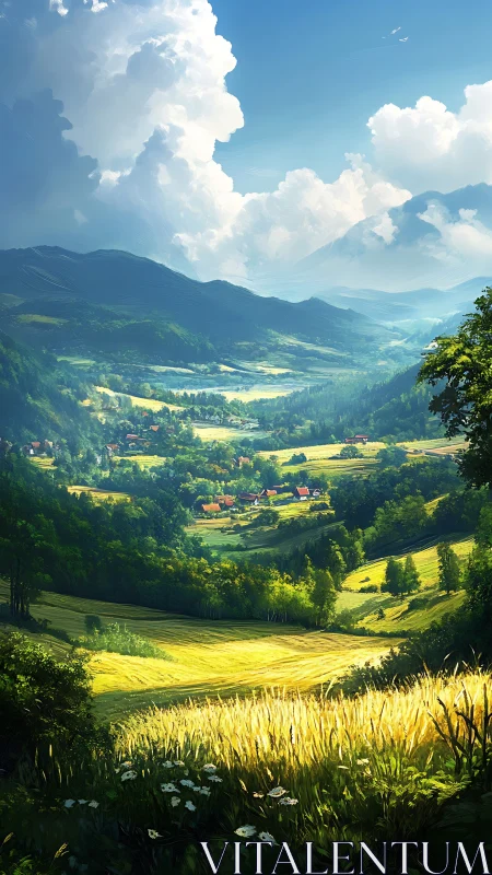 Sunlit valley curls between mountains, cradling tiny villages