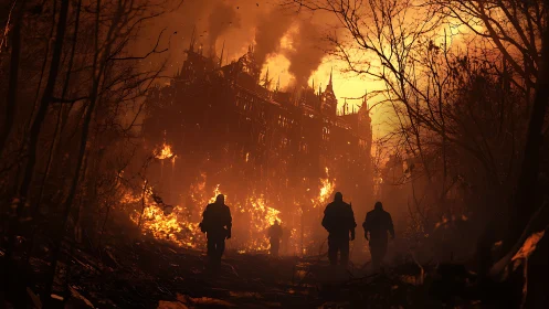 Silhouetted figures approach a burning gothic fortress at dusk.