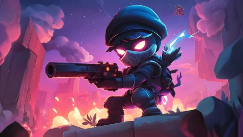 Neon-eyed space soldier aims blaster over glowing canyon