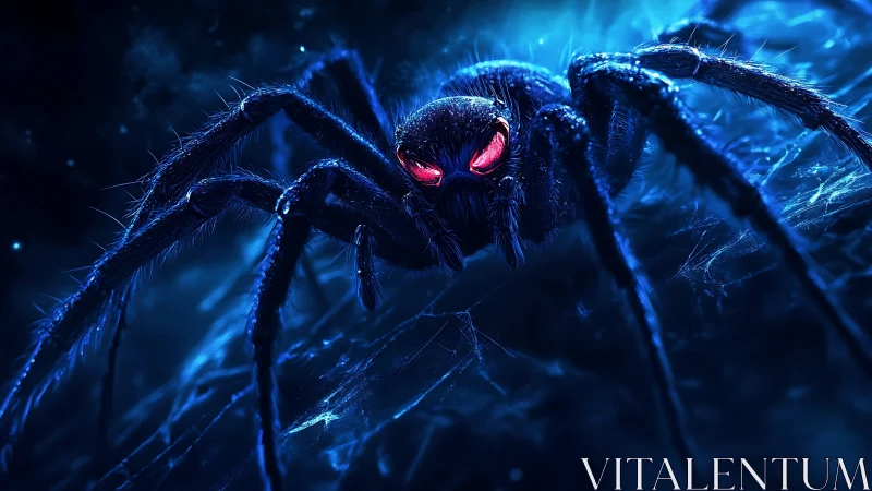 Bioluminescent spider rendered in neon blue with glowing red eyes