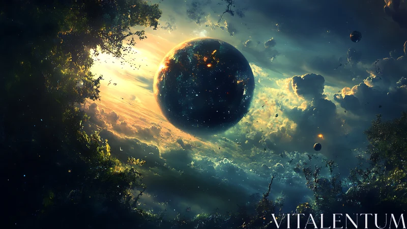 Cosmic sphere drifts through luminous stormlit nebula sky