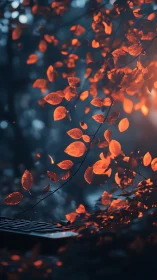 Orange leaves hang over a keyboard in shallow depth of field