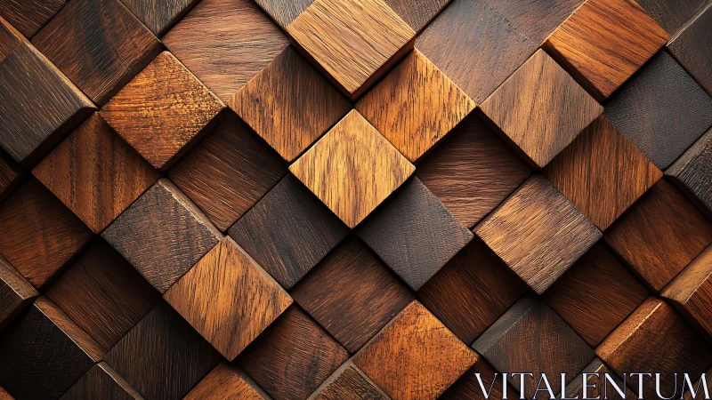 Geometric wood cubes forming warm dimensional wall surface.
