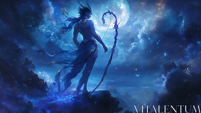 Lunar-lit celestial archer on crystalline astral cliffscape