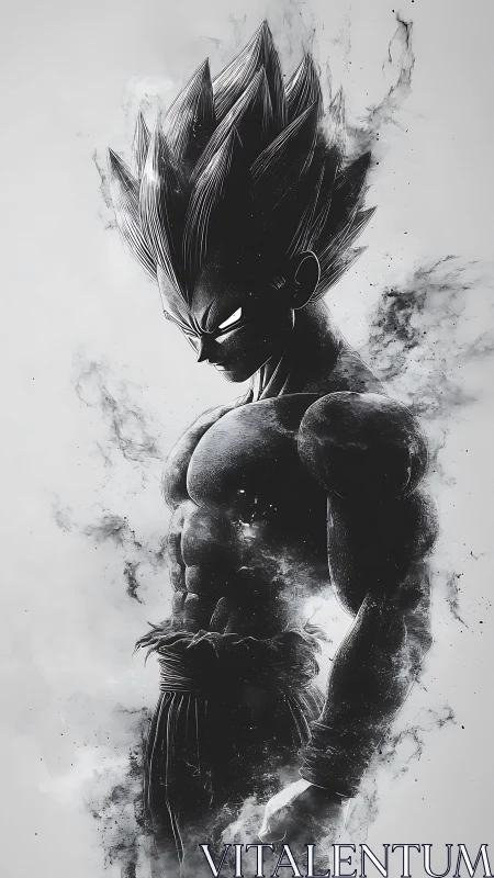 Stoic anime warrior stands in swirling monochrome energy haze