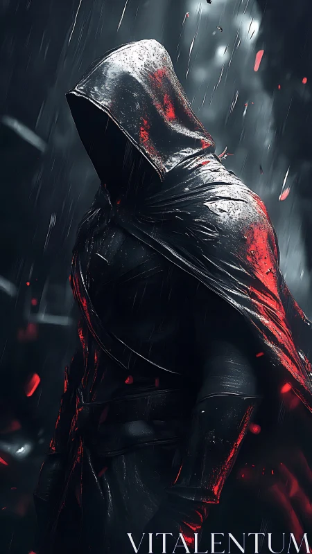 Hooded shadow walker in rainlit alley streaked with embers.