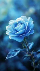 Azure Rose Bloom. Luminous petals unfold against soft blue gradient.