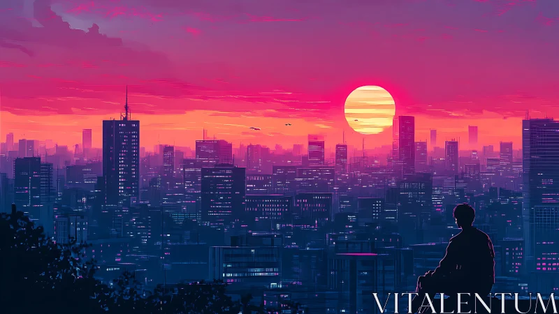 Silhouetted observer studies neon cityscape under stratified sunset