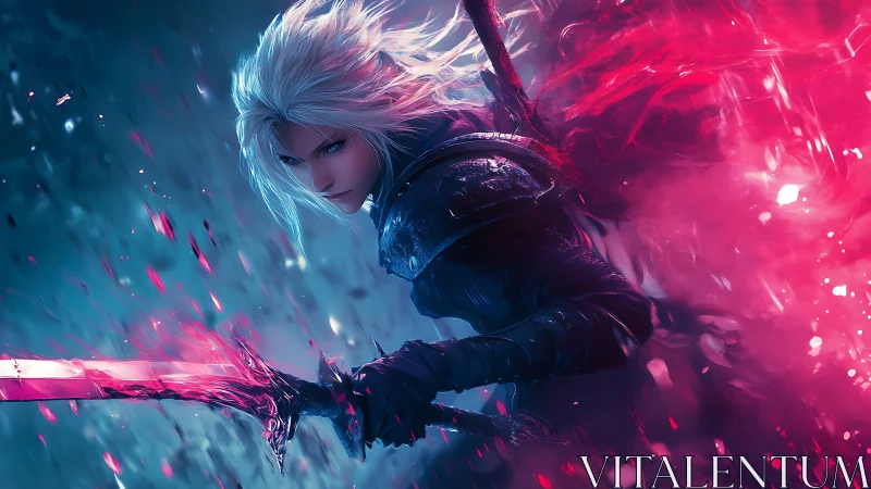 Silver haired warrior with glowing red sword in battle.