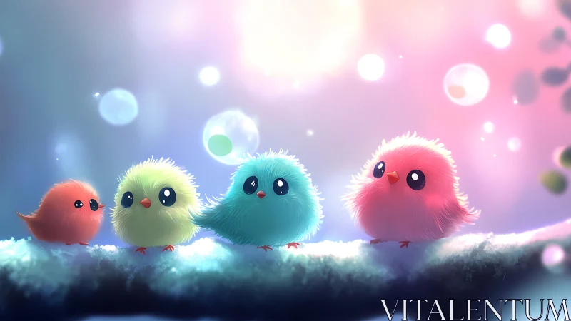 Adorable Colorful Cartoon Birds on Branch in Dreamy Soft Light.