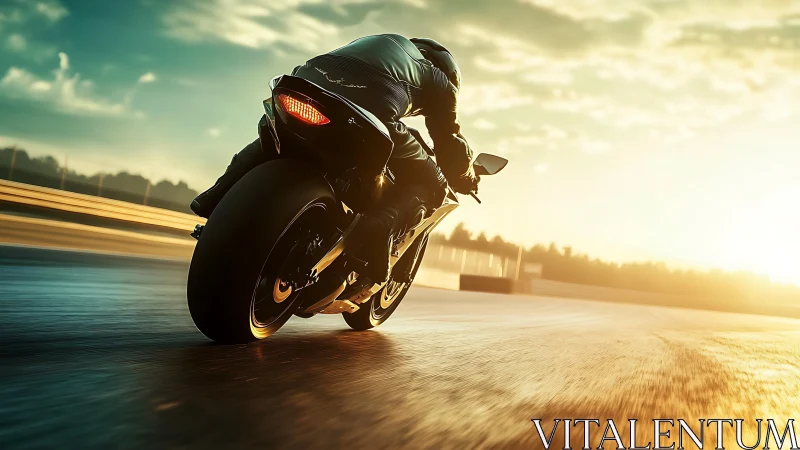 Sunlit superbike leaning hard into high-speed racetrack corner.