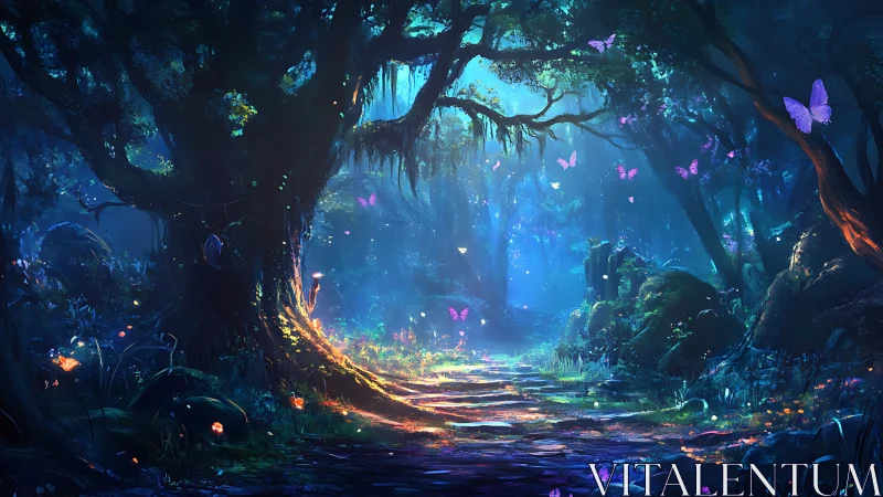 Bioluminescent Forest Pathway with Glowing Flora