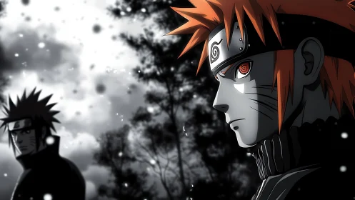 Anime duel portrait isolates two warriors in dramatic chiaroscuro