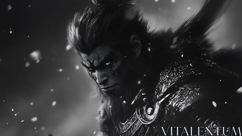 Brooding warrior monkey rendered in dramatic monochrome lighting