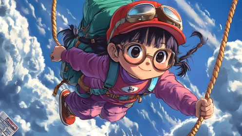 Anime girl soaring through clouds with ropes and backpack.