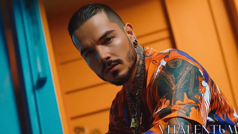 Tattooed modern rebel leans into neon heat and sharp color clash