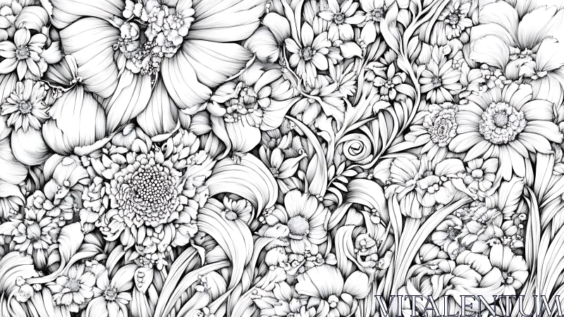 Intricate monochromatic floral composition densely layered with botanical forms