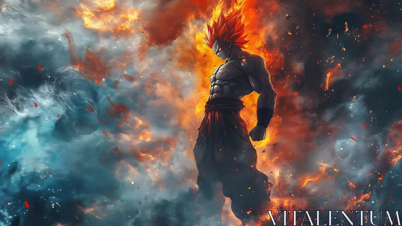 Fiery anime warrior stands within contrasted elemental clouds
