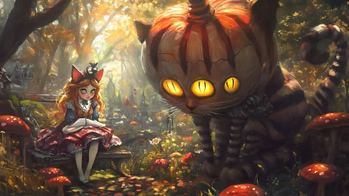 Young girl encounters massive grinning cat in enchanted forest.