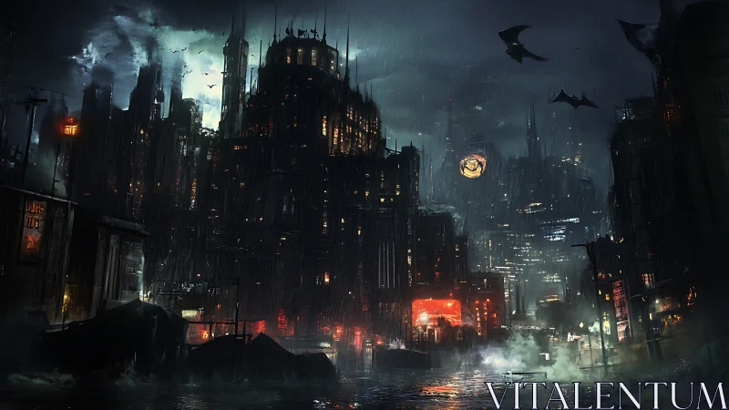 Dark futuristic city skyline in heavy rain at night.