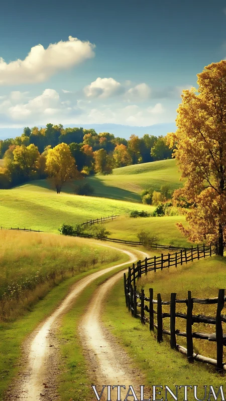 Curving dirt road cuts through sunlit rolling farmland hills