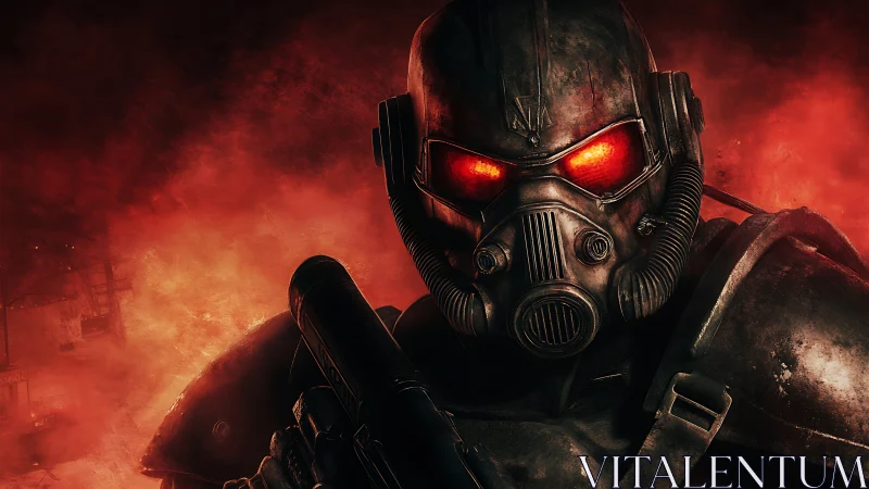 Armored soldier in gas-mask helmet against red incendiary smoke field