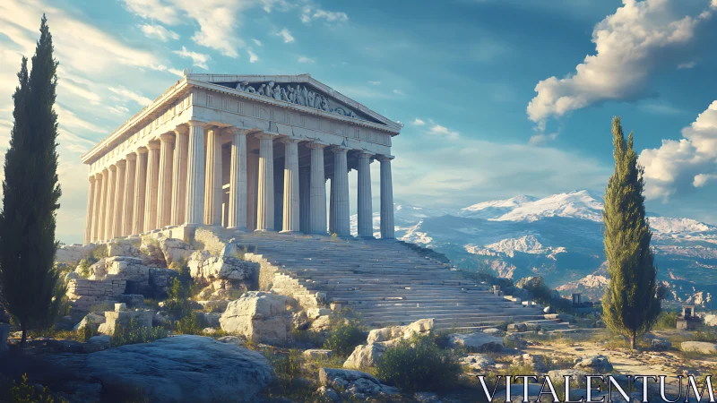 Ancient Greek temple stands over sunlit rocky hillside.
