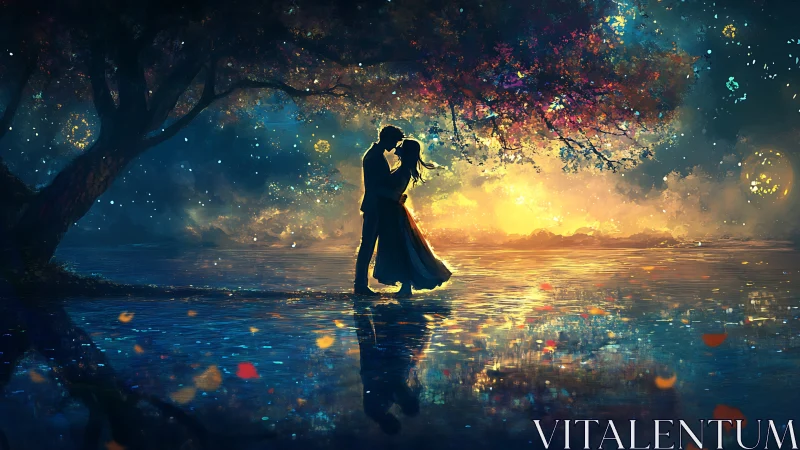 Silhouetted Couple Dancing in Luminous Waters Under Golden Sky.