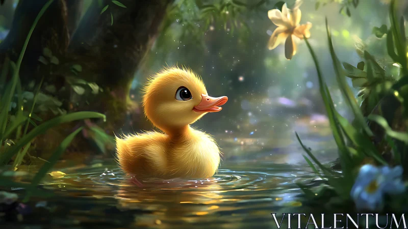 Sunlit duckling drifts through a spellbound forest brook.