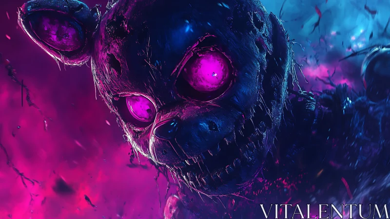 Distressed robotic bear head glows with intense magenta eyes