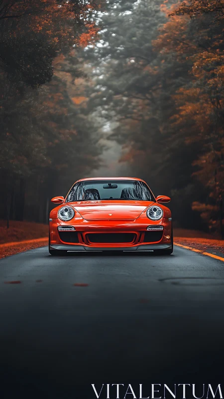 Scarlet sports coupe centered on misty autumn forest road.