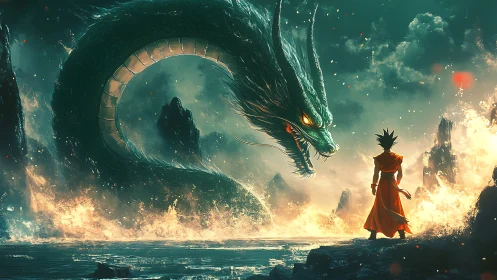Warrior confronts colossal dragon amid firelit seascape.