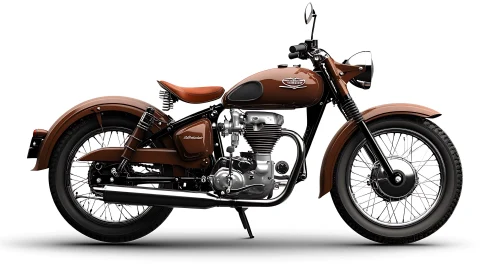 Side profile view of classic brown single-cylinder motorcycle.