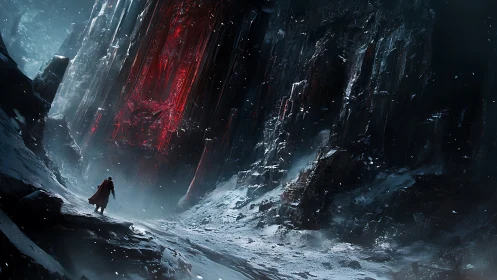 Solitary figure surveys red-illuminated structure in icy ravine