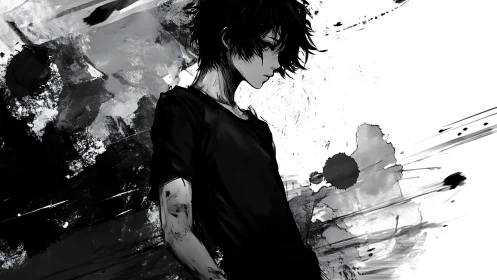 Ink-stained quiet drifter leans into a storm of grayscale noise