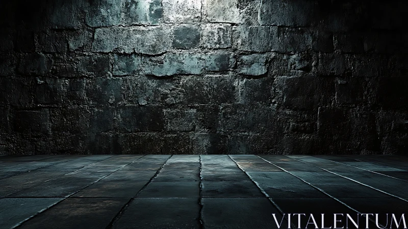 Brooding stone chamber floor awaits drama in a lone glow.