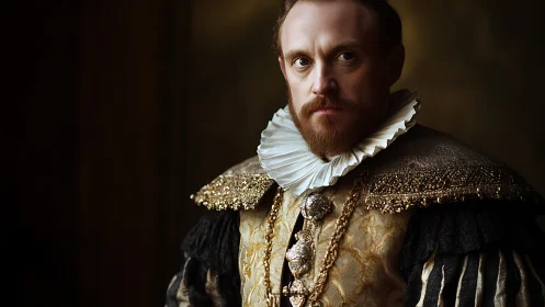 Regal portrait of a thoughtful noble in golden finery.