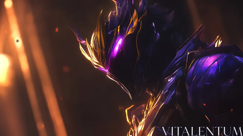 Armored dark figure with glowing purple visor in profile.