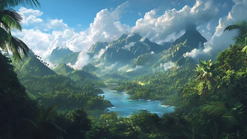 Lush tropical valley with river, misted peaks, and hard sunlight.