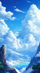 Cumulonimbus corridors over coastal inlet in digital clarity.