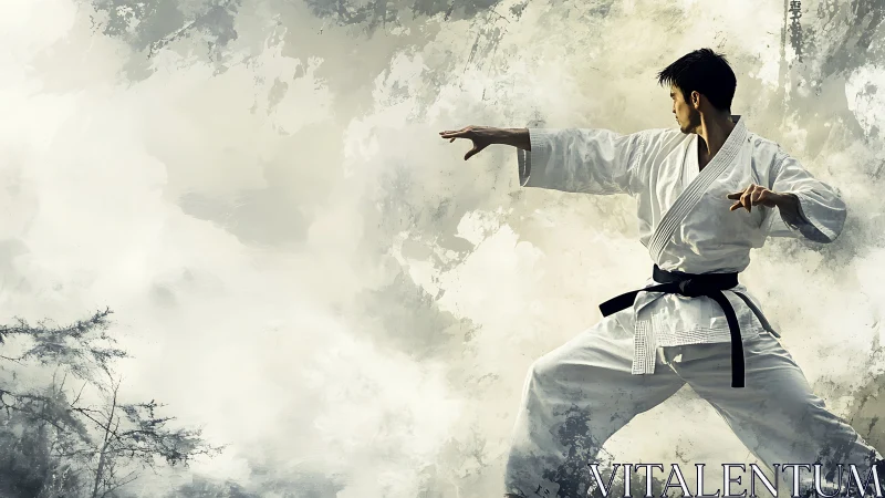 Martial artist in white gi holds focused fighting stance.