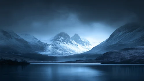 Midnight snow peaks reflect over still glacial lake.