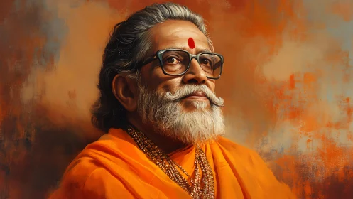 Elderly spiritual man in orange robes rendered in digital paint