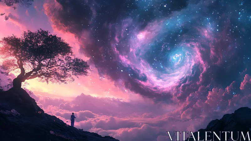 Silhouetted figure observes spiral nebula above cloudscape