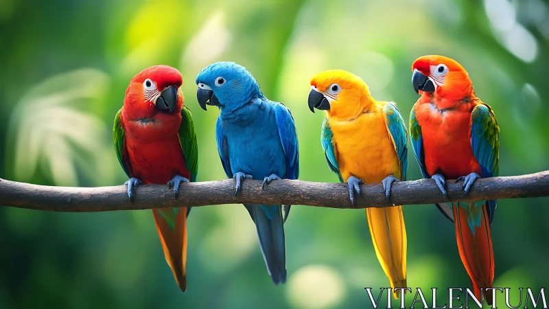Four Colorful Parrots on Branch in Lush Nature, Vibrant Style.