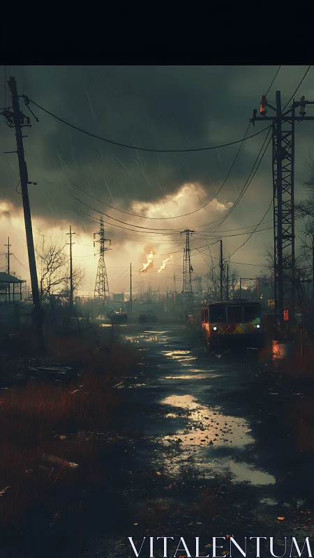 Industrial access road extends through wet, overcast area