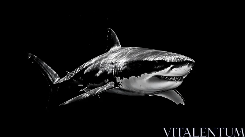 Monochrome great white shark isolated on black background.