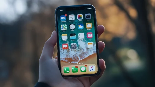 Hand-held smartphone displays iOS home screen with app icons against blurred natural background.