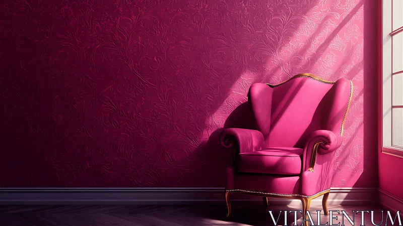 Cozy pink armchair basking in gentle afternoon sunlight.