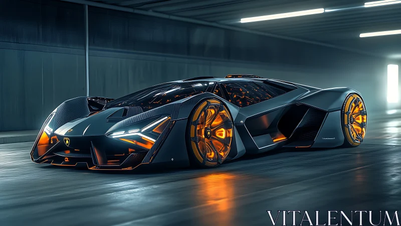 Futuristic supercar glows warmly in a sleek city tunnel